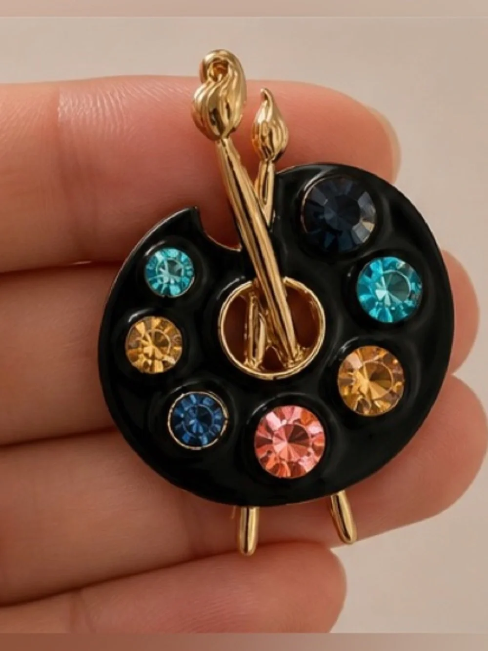 Artist Palette Brooch with Colorful Rhinestone Paintbrush Design